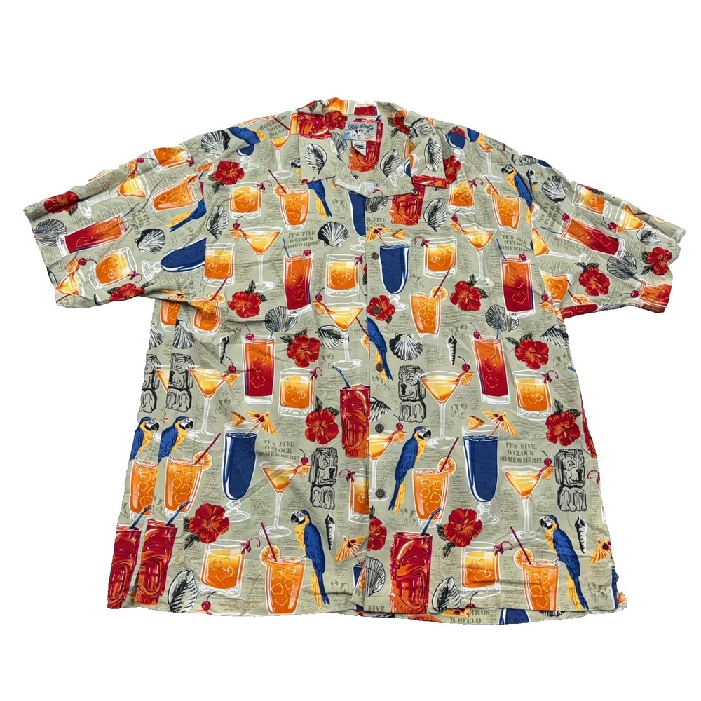 Vintage Big Dogs Polo Shirt Men 3X Button Up Rayon Martini Drinks Print Hawaiian